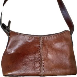 FOSSIL Shoulder Bag Brown Genuine Leather Small Purse Stitching Zip Top Hobo.